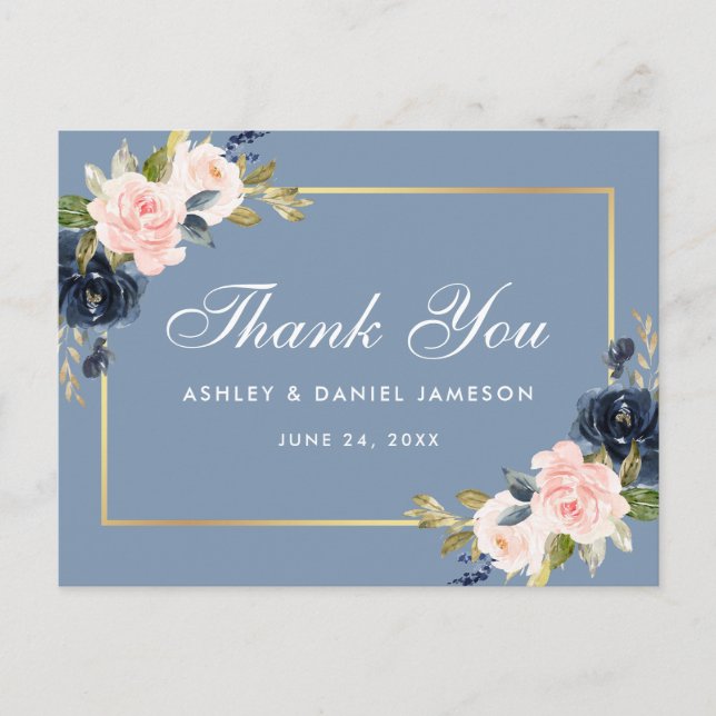 Carte Postale Dusty bleu rose Floral Mariage or Merci (Devant)
