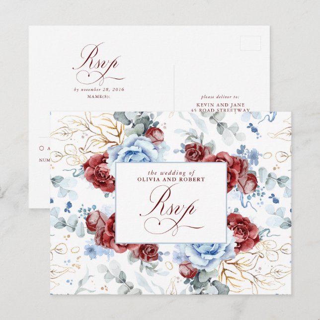 Carte Postale Dusty Blue and Burgundy Red Wedding RSVP Postcard (Devant / Derrière)
