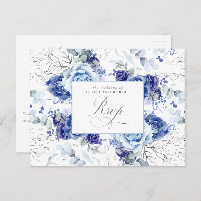Carte Postale Dusty Blue and Silver Wedding RSVP Postcard (Devant / Derrière)