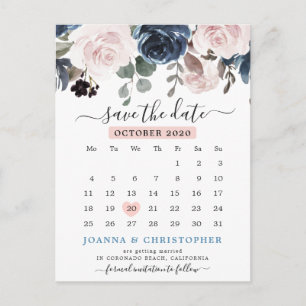 Carte Postale Dusty Blue Blush rose floral Enregistrer la date
