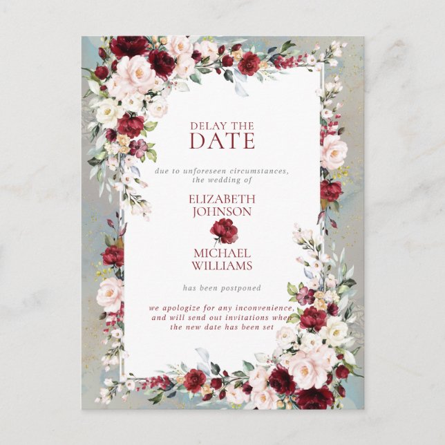 Carte Postale Dusty Blue Bourgogne Blush Floral Retard Date (Devant)