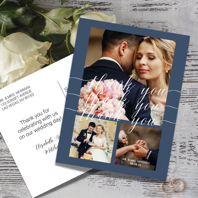 Carte Postale Dusty Blue Calligraphy 3 Mariage photo Merci (Créateur téléchargé)