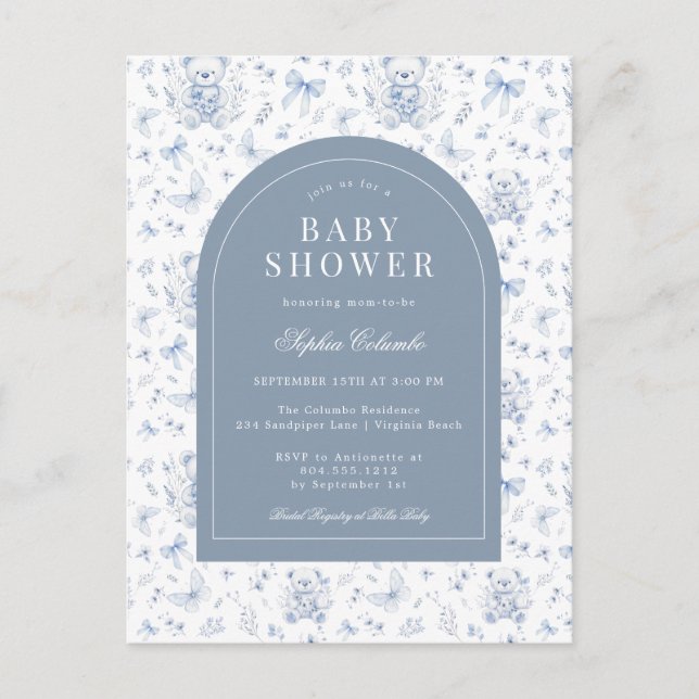 Carte Postale Dusty Blue Chinoiserie Teddy Bear and Bows Baby (Devant)