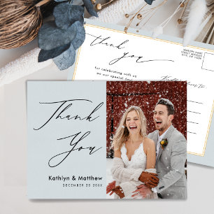 Carte Postale Dusty Blue Élégant Script Mariage chic Merci