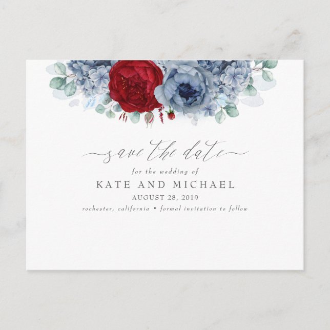 Carte Postale Dusty Blue et Burgundy Red Floral Enregistrer la d (Devant)