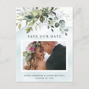 Carte Postale Dusty Blue Greenery Photo Wedding Enregistrer la d