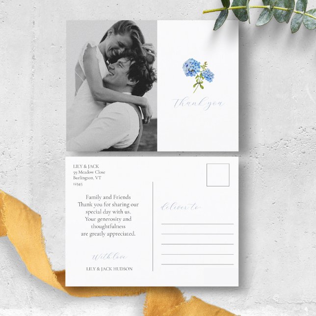 Carte Postale Dusty Blue Hydrangea Mariage photo Merci (Créateur téléchargé)