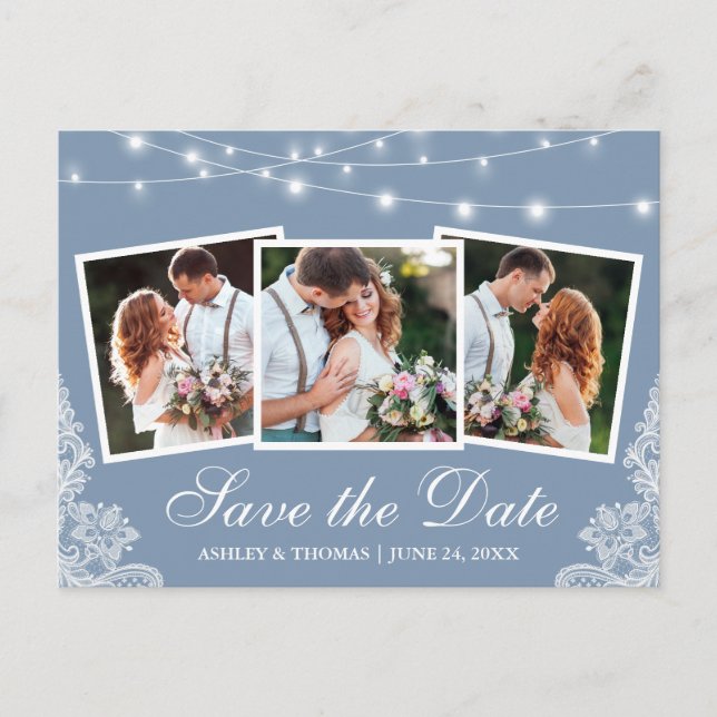Carte Postale Dusty Blue Lights Lace 3 Photo Enregistrer La Date (Devant)