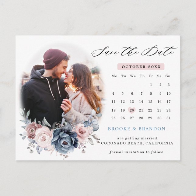 Carte Postale Dusty Blue Mauve Rose Calendrier photo enregistrer (Devant)