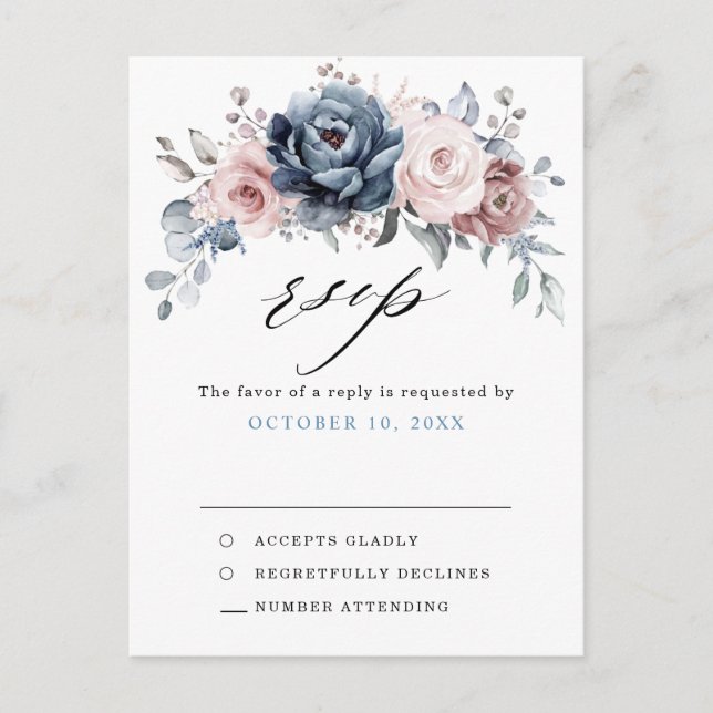 Carte Postale Dusty Blue Mauve Rose rose ardoise florale RSVP (Devant)