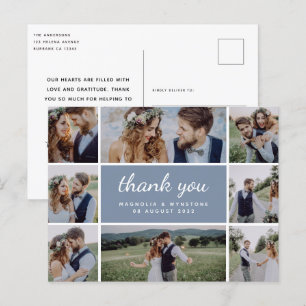 Carte Postale Dusty Blue Modern Photo Collage Mariage Merci