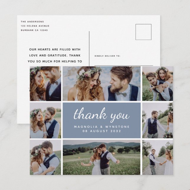 Carte Postale Dusty Blue Modern Photo Collage Mariage Merci (Devant / Derrière)