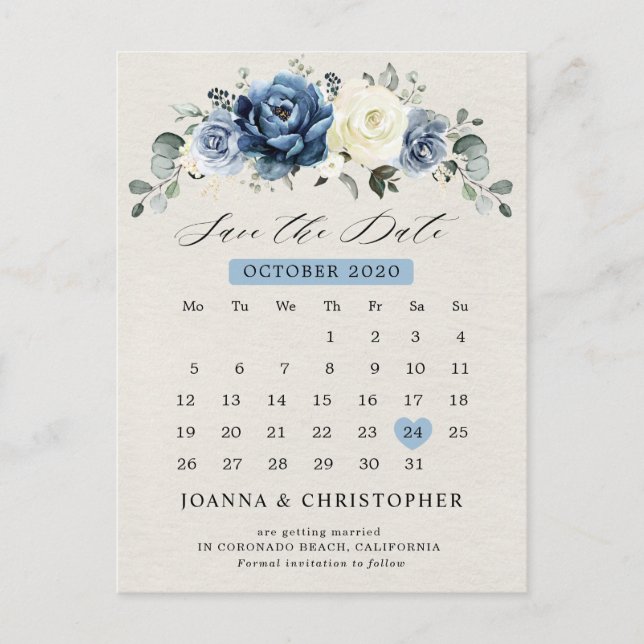 Carte Postale Dusty Blue Navy Champagne Ivory Enregistrer la dat (Devant)