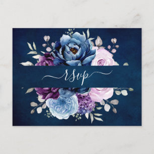 Carte Postale Dusty Blue Purple Navy Lilac Blooms Mariage RSVP P