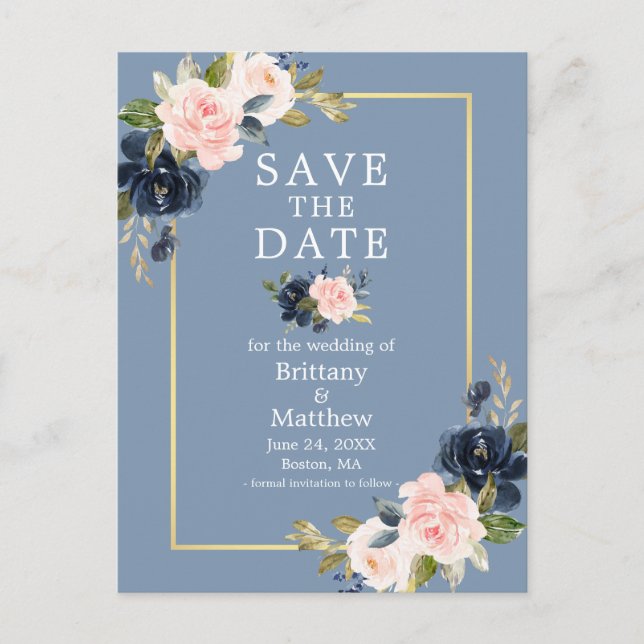 Carte Postale Dusty Blue Rose Blush Floral Gold Enregistrer la d (Devant)