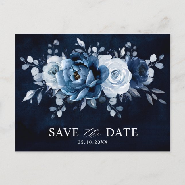 Carte Postale Dusty Blue Slate Marine Floral Wedding Enregistrer (Devant)