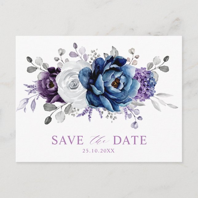 Carte Postale Dusty Blue Slate Marine Floral Wedding Enregistrer (Devant)