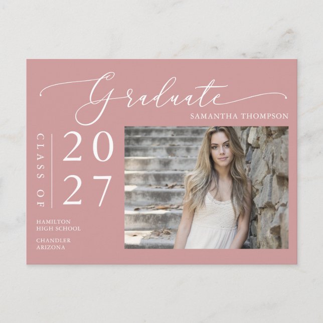 Carte Postale Dusty Pink Script Graduate photo Faire-part (Devant)