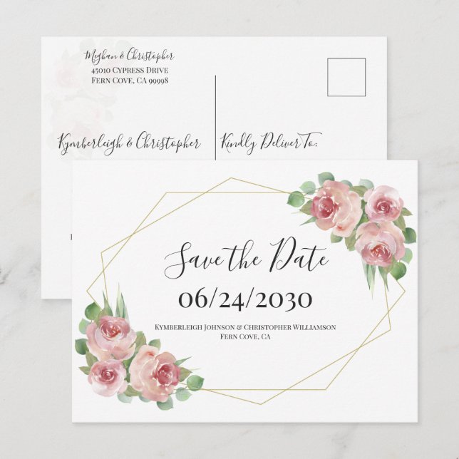 Carte Postale Dusty rose Boho Floral Géométrique Enregistrer la  (Devant / Derrière)