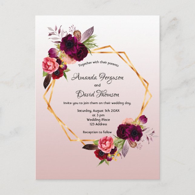 Carte Postale Dusty rose floral bordeaux faire-part de mariage (Devant)