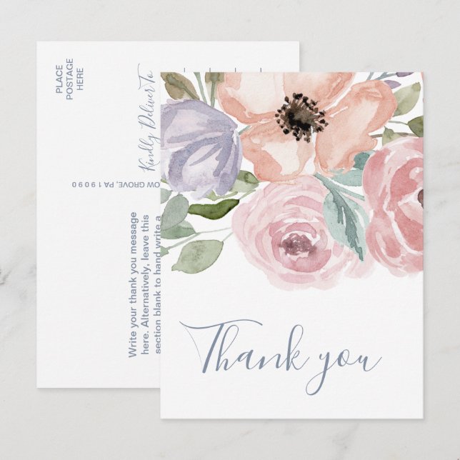 Carte Postale Dusty Rose Florals Merci (Devant / Derrière)