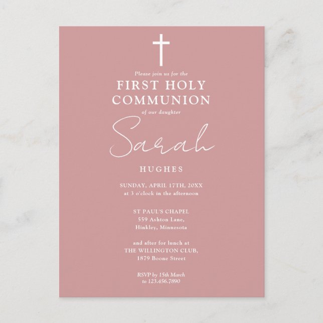Carte Postale Dusty Rose rose Première Sainte Communion Invitati (Devant)