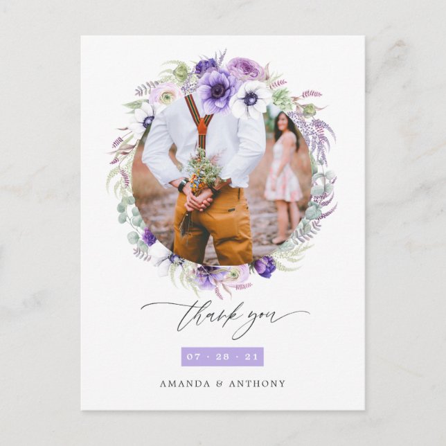 Carte Postale Dusty Violet Pastel Floral Mariage Photo Merci (Devant)