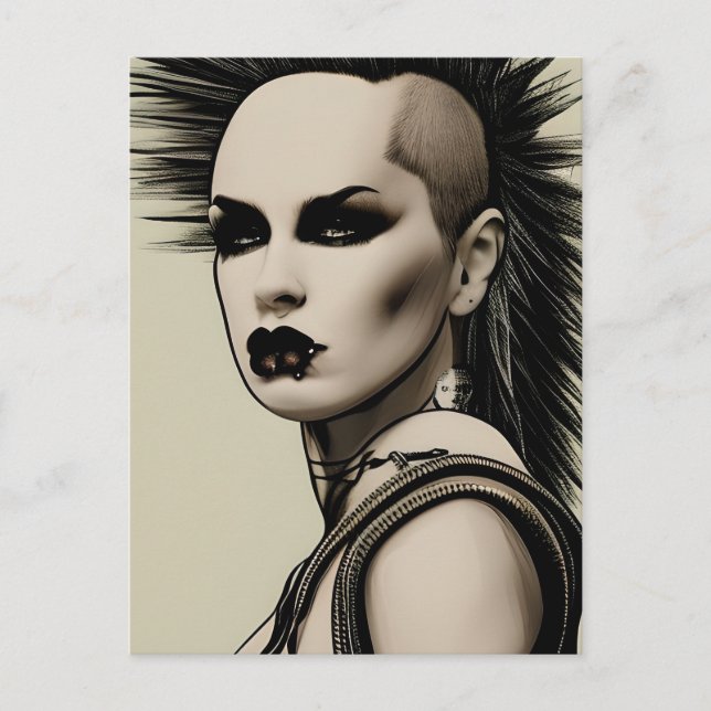 Carte Postale Dystopian Woman Punk Rocker Mohawk and Piercing (Devant)