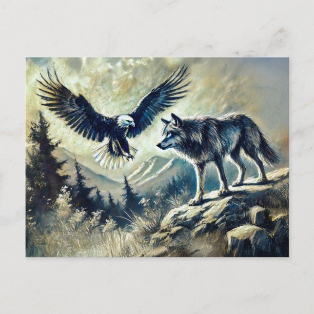 Carte Postale Eagle and Wolf à Wild Landscape (Devant)