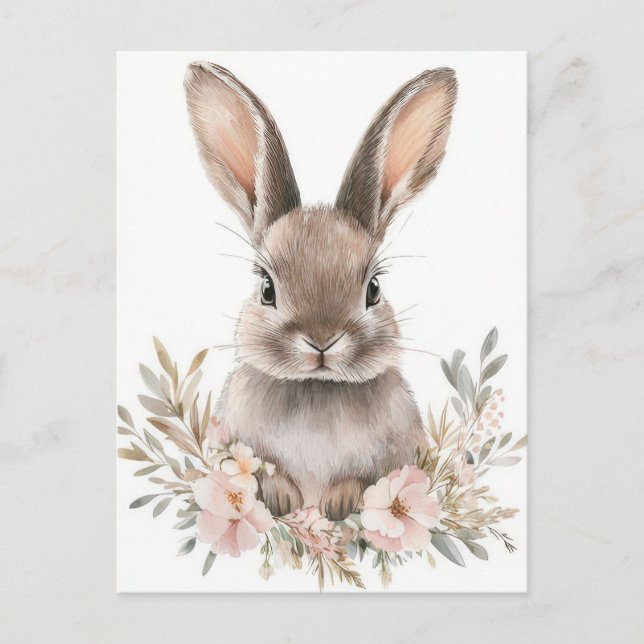 Carte Postale Easter Postcard with Flowers and Easter Bunny (Devant)