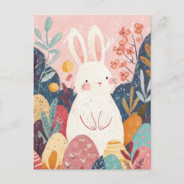 Carte Postale Easter Postcard with Flowers and Easter Bunny (Devant)