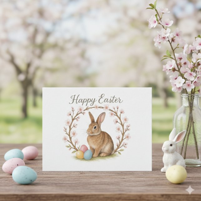 Carte Postale Easter Rabbit and Cherry Blossom Wreath  (Créateur téléchargé)