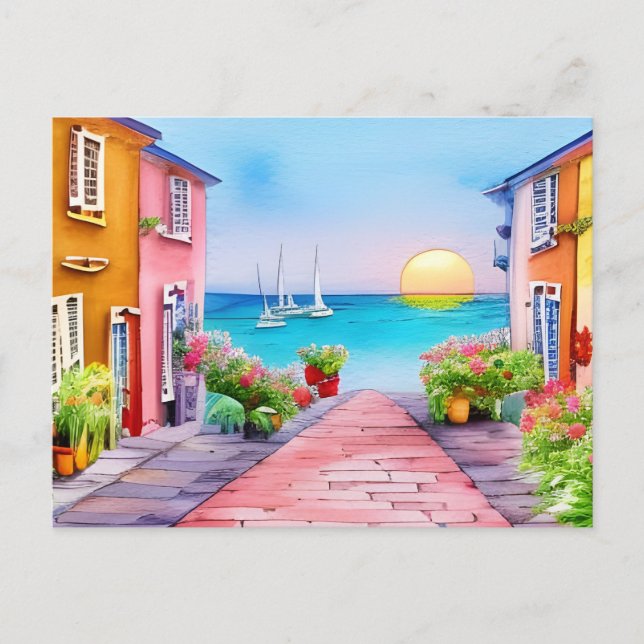 Carte Postale Eau Sunset Village du bord de mer (Devant)