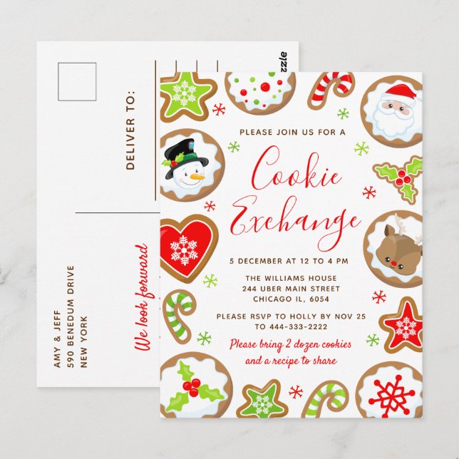 Carte Postale Échange de biscuits de Noël rouge et vert (Devant / Derrière)