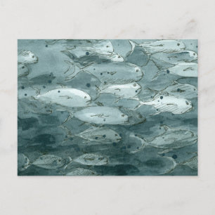 Carte Postale École Océanique De Poisson Aquarelle Blanc Noir