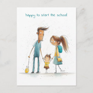 Carte Postale Écolière avec sa mère et son père