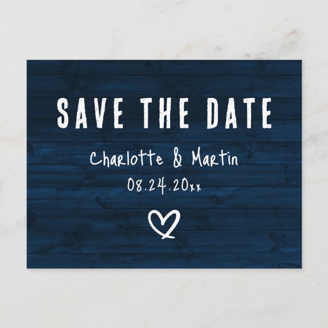 Carte Postale Économisez la date de mariage en bois bleu marine  (Devant)
