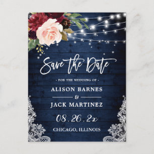 Carte Postale Économisez la date de mariage floral bleu rustique