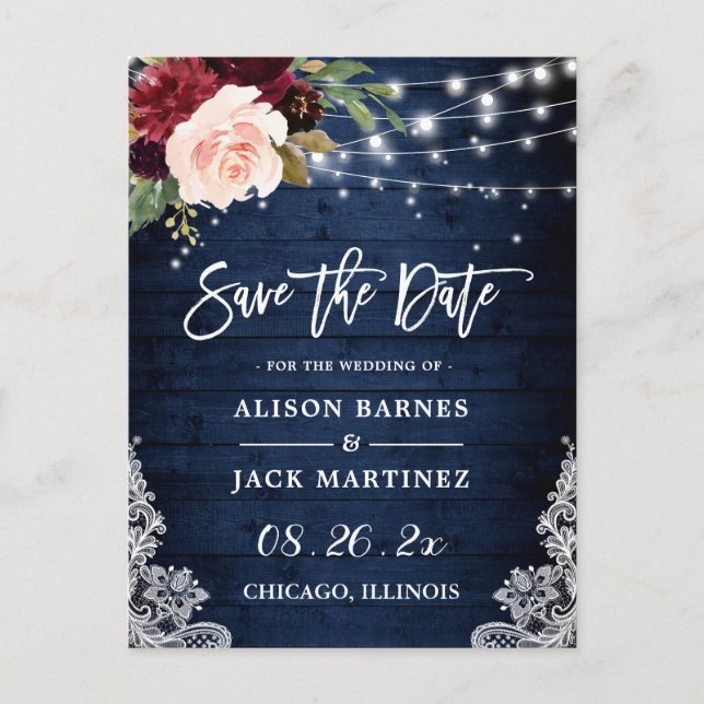 Carte Postale Économisez la date de mariage floral bleu rustique (Devant)