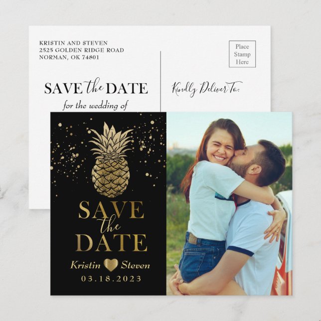 Carte Postale Économisez la date de photo de pineapple noir or m (Devant / Derrière)