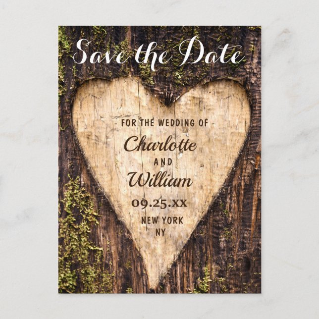 Carte Postale Écorce de bois cœur rustique mariage enregistrer l (Devant)