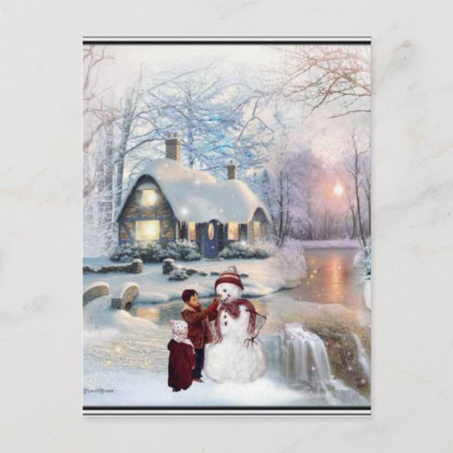 Carte Postale Écouter Noël Snowman hiver Scène (Devant)