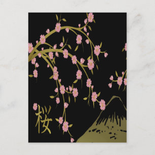 Carte Postale Écran Japonais Rose Sakura Or Noir