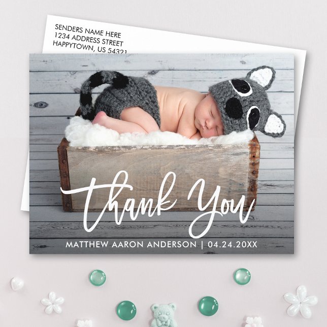 Carte Postale Écriture au pinceau moderne Nouveau bébé Merci Wht (Customize to change your personalized text size or text style.)