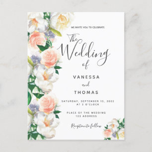 Carte Postale Écriture corail floral faire-part de mariage blanc