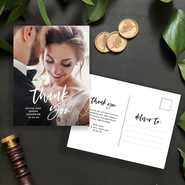 Carte Postale Écriture et photo décontractées | Remerciements de (A modern and casual spin on a wedding thank you card - simply add your photo for an elegant result!)