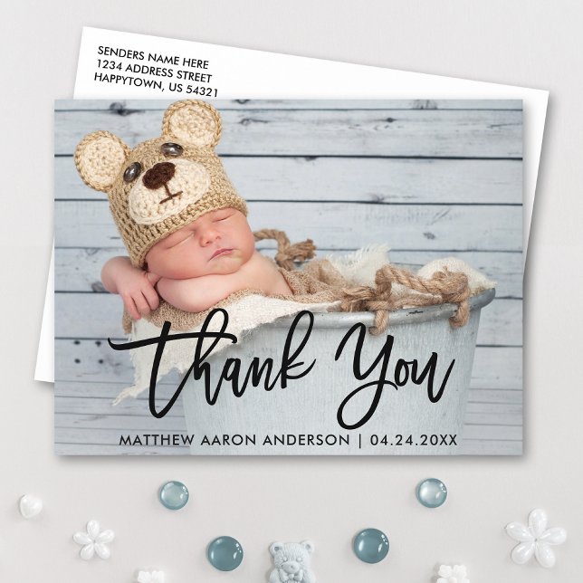 Carte Postale Écriture moderne au pinceau Nouveau bébé Merci Blk (Customize to change your personalized text size or text style.)