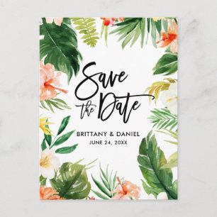 Carte Postale Écriture Pinceau Save the Date Floral Corail Tropi