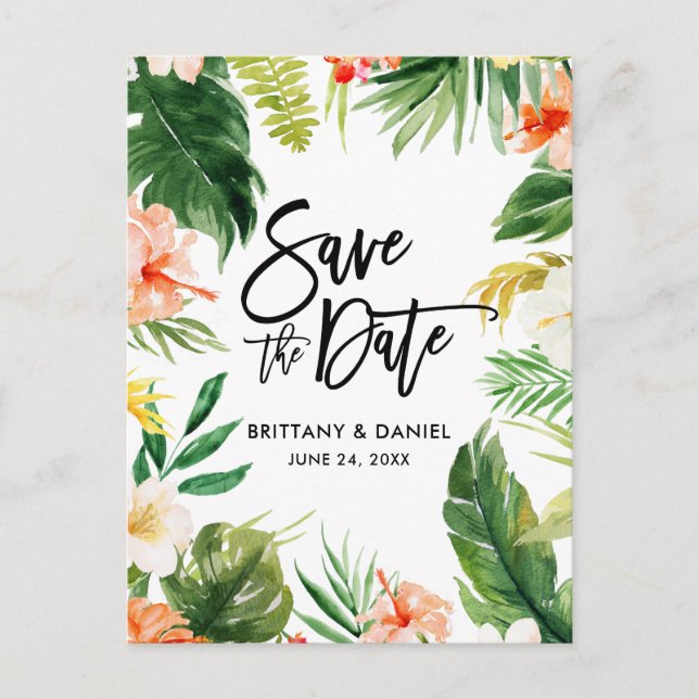 Carte Postale Écriture Pinceau Save the Date Floral Corail Tropi (Devant)