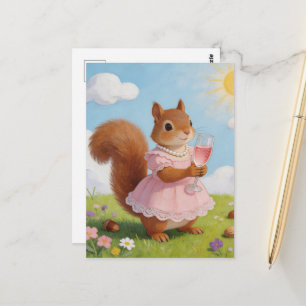 Carte Postale Écureuil adorable dans une robe rose avec une bois